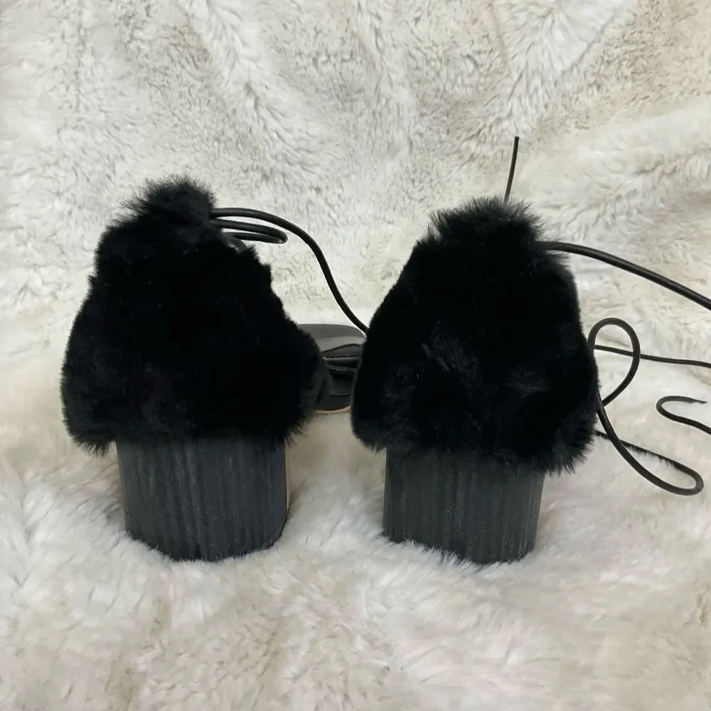 NEW Kelsi Dagger Brooklyn Black Sam Genuine Leather Faux Fur Heel Sandals 9.5